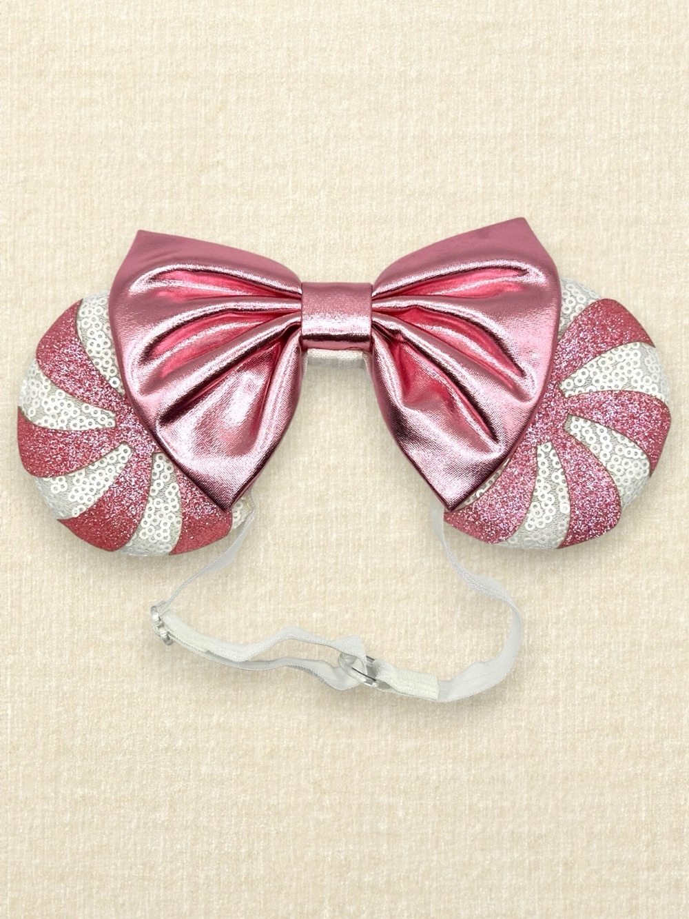 Elastic Pink Candy Cane Minnie Ears | Disney-Inspired Christmas Mouse Ears